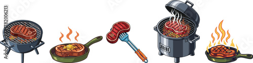Grilling and Cooking Steak Vector Bundle: BBQ Grill, Frying Pan, and Steak Illustrations Clipart Set