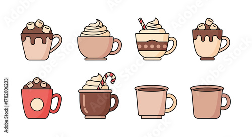 A collection of eight different hot chocolate mugs with various toppings and designs.