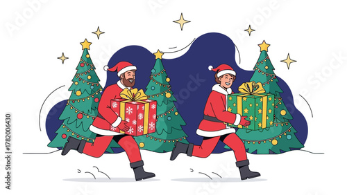 Santa's Speedy Delivery: Two figures dressed as Santa Claus are in a hurry, carrying festive gift boxes under the sparkle of Christmas trees.