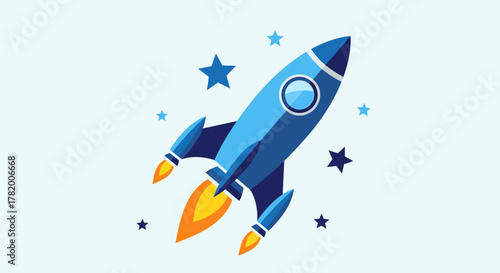 Dynamic blue rocket illustration launching skyward with stars, symbolizing rapid business growth, innovation, and future success