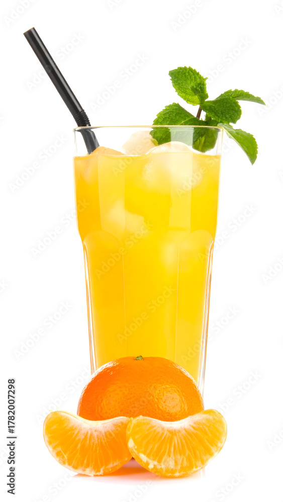 Fototapeta premium Fresh Orange Juice in Glass with Mint and Straw 