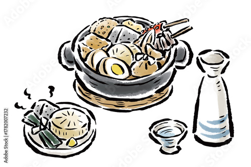おでんで晩酌　筆タッチ手描きイラスト