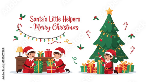 Christmas Elf's Festive Joy: Cute elves surround a decorated christmas tree and gift boxes, sharing the spirit of christmas, embodying joy, and generosity.
