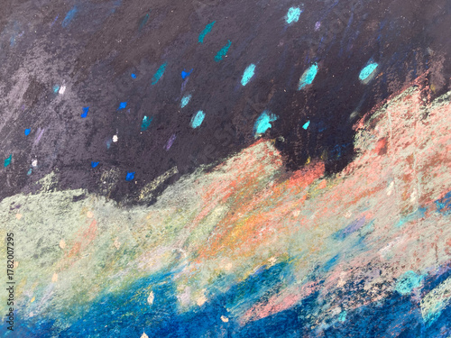Abstract pastel drawing of fantastical sky, dynamic clouds and stars — dry pastel on paper. Handcrafted texture, expressive brushstrokes, multi-layered color artistic backgrounds, creative backdrops.