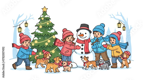 Festive Winter Wonderland: A joyful winter scene unfolds as children and their playful canine companions gather around a snow-covered snowman near a decorated Christmas tree. 