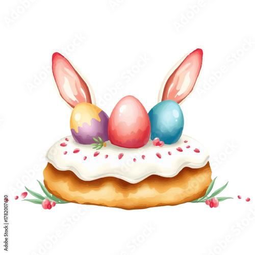 Easter cake with white frosting, bunny ears and eggs, watercolor painted illustration in cozy warm colors, isolated on white, simple holiday vector design for holiday decor.