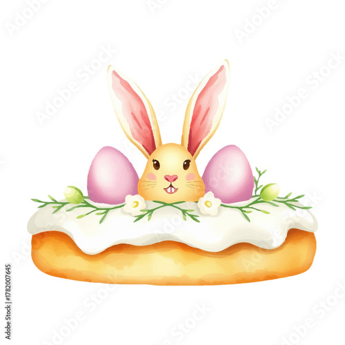Easter cake with white frosting, bunny ears and eggs, watercolor painted illustration in cozy warm colors, isolated on white, simple holiday vector design for holiday decor.