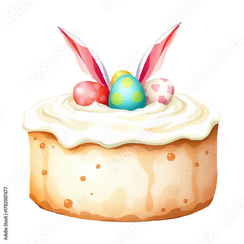 Easter cake with white frosting, bunny ears and eggs, watercolor painted illustration in cozy warm colors, isolated on white, simple holiday vector design for holiday decor.