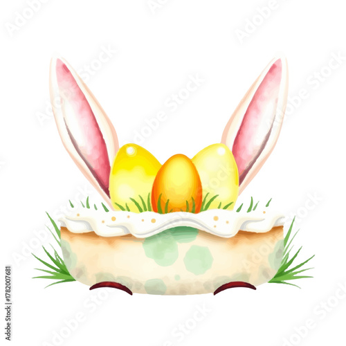 Easter cake with white frosting, bunny ears and eggs, watercolor painted illustration in cozy warm colors, isolated on white, simple holiday vector design for holiday decor.