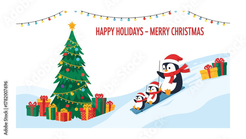 Festive Winter Wonderland: Adorable penguins frolic on a snowy slope, festive lights adorn a joyous scene with a Christmas tree and vibrant gift boxes. 