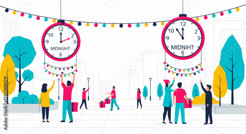 Community decorating for new year's eve celebration with midnight clocks and festive lights
