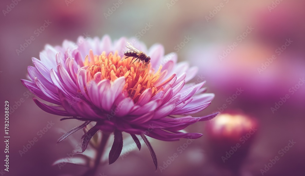 Fototapeta premium Close-up of a vibrant pink and yellow flower with a bee, soft background bokeh