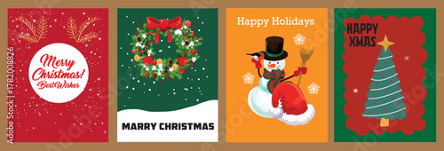 Four vertical christmas banners featuring festive designs including wreath snowman and christmas tree