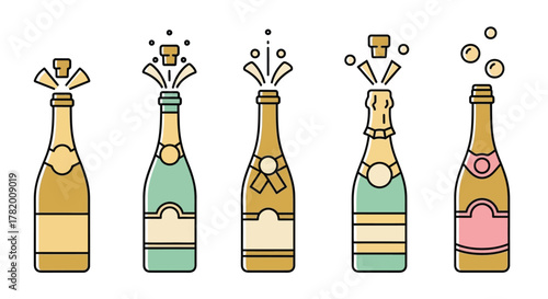 Illustration of champagne bottles with popping corks, celebrating a special occasion.