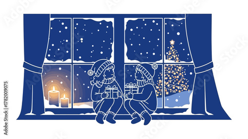 Winter Wonderland: Two children share the joy of gift-giving, bundled warmly against the winter chill, with a festive Christmas tree and snow-filled scene viewed through a frosty window.