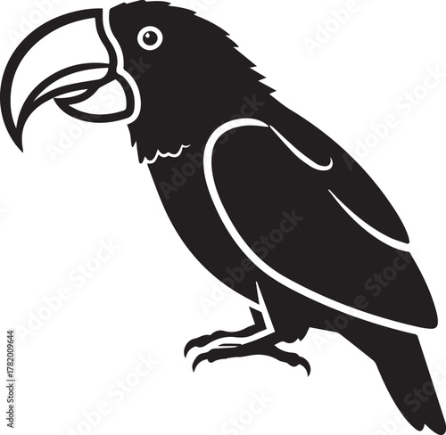 Black silhouette of a toucan with a large beak bird