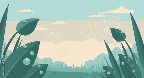 Serene morning landscape view through fresh green grass with dewdrops