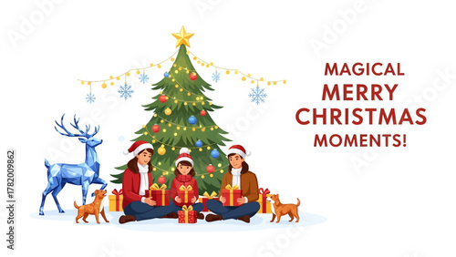 Magical Christmas Moments: A family shares joyous moments around a decorated Christmas tree, surrounded by wrapped gifts, evoking a feeling of festive cheer and togetherness.