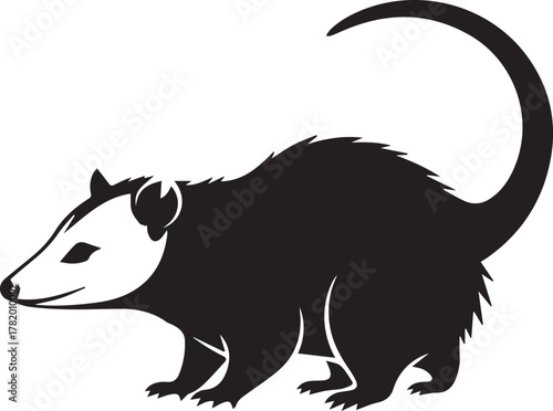 Black silhouette of an opossum on white background