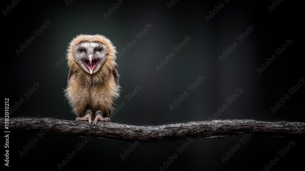 Obraz premium Cute Baby Monkey with Happy Facial Expression Sitting on Tree Branch in Dark Forest