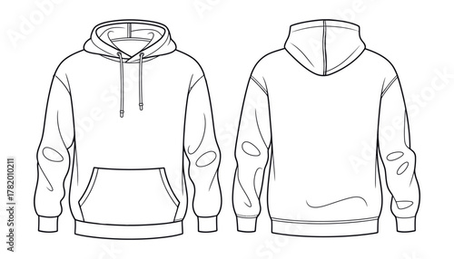 Blank hoodie front and back technical sketch, vector fashion template showing casual sweatshirt design for apparel mockup, clothing pattern, streetwear illustration, and garment presentation