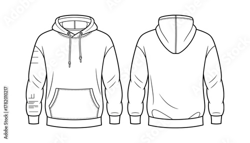 Blank hoodie front and back technical sketch, vector fashion template showing casual sweatshirt design for apparel mockup, clothing pattern, streetwear illustration, and garment presentation