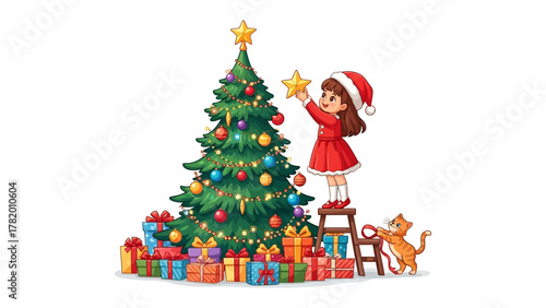 Christmas tree decoration: A little girl carefully places a shining star at the top of a decorated Christmas tree. Presents and a cat complete the festive scene.