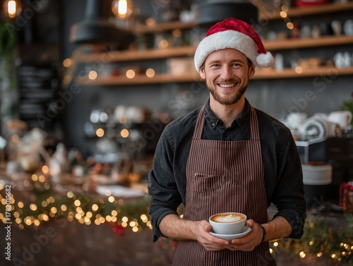 portrait of a barista in Santa hat, standing in a cozy cafe decorated for New Year