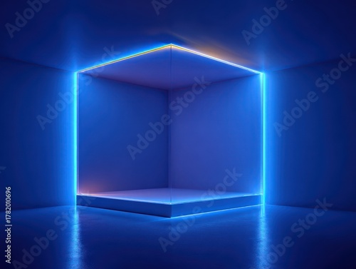 a geometric frame background with deep blue gradient tones, glowing neon light edges