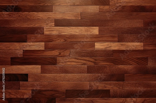 Dark brown and reddish wooden floor panels arranged in staggered rectangular planks with natural wood grain texture