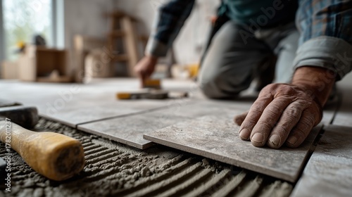 Artisan posant du carrelage avec ses outils sur chantier