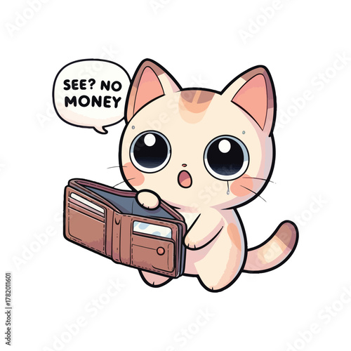 Cute cartoon cat showing an empty wallet.