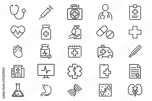 medical icon set. Healthcare, medical, medicine. Linear icon collection. Medical outline icons with editable stroke collection. pharmacy, lab, scientific discovery, collection. Vector illustration.