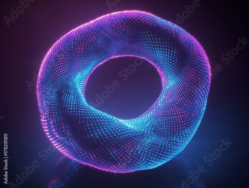 Glowing torus-shaped 3D mesh with vibrant neon blue and pink lights creating a dynamic futuristic look on a dark background
