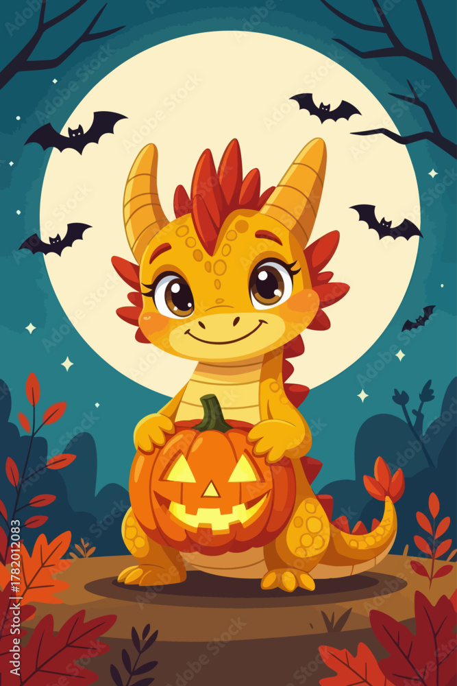 Fototapeta premium Cartoon dragon holding carved pumpkin on Halloween night 