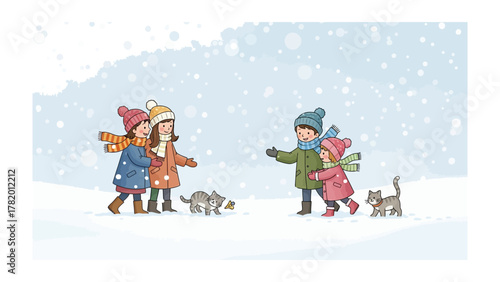 Snowy Playtime: A joyful group of children bundled in winter attire frolic in a snowy landscape, their laughter echoing through the crisp air, accompanied by playful kitten friends.