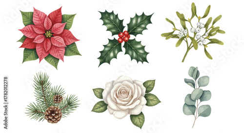 Holiday floral arrangement with poinsettia, mistletoe, and pine  