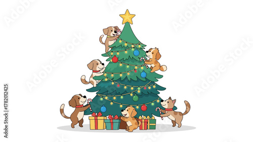 Festive Pup Decorating Tree: A cheerful scene unfolds as playful canine companions work together to adorn a Christmas tree with ornaments, lights and a star on the top of the tree.