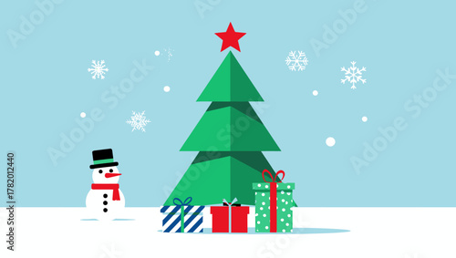 Cartoon snowman next to Christmas tree with presents and snowflakes  