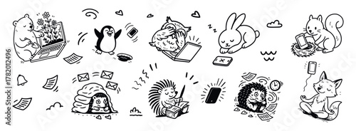 Cartoon animals practicing digital detox through reading, planting, and mindfulness, set of vector, tracing