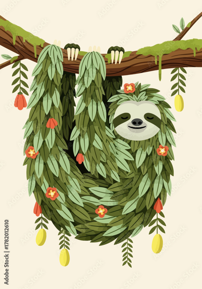 Naklejka premium Cartoon sloth hanging from tree branch surrounded by vibrant leaves