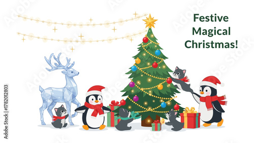 Festive Magical Christmas: Enchanting Christmas scene unfolds, with adorable penguins and a decorated tree exuding holiday cheer, capturing the essence of a truly magical Christmas.