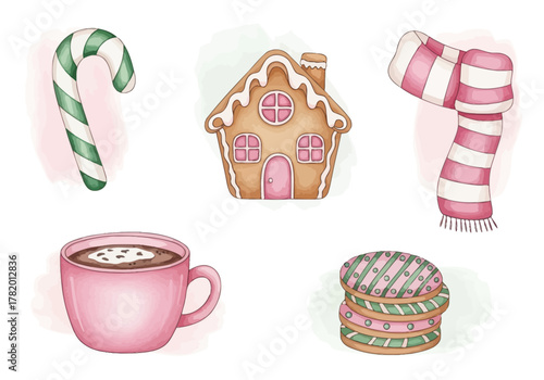 Colorful holiday treats including candy cane, gingerbread house, and hot cocoa  