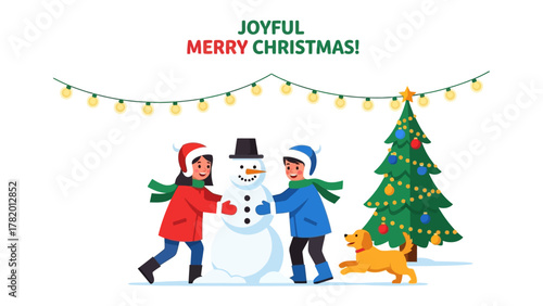 Joyful Christmas Scene: Two children, bundled in warm winter attire, are gleefully constructing a snowman, a cheerful dog frolicking nearby a decorated Christmas tree, evoking warmth of the holiday.
