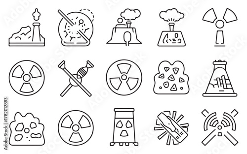  Collection of hand drawn icons representing nuclear energy pollution and environmental hazards