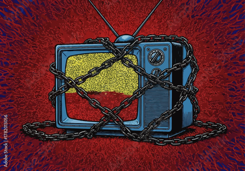 Vintage television set wrapped in chains on abstract background  
