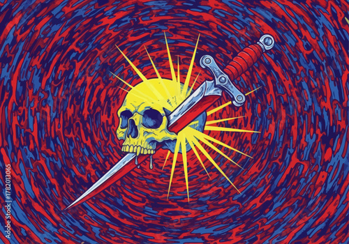 Skull with sword and sunburst in vibrant swirling background  