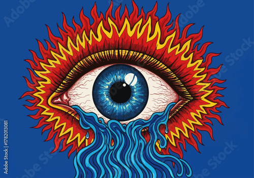 Eye surrounded by flames and water flowing in vibrant colors  