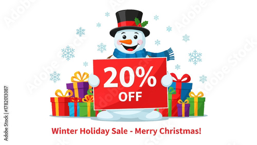 Festive Winter Sale: A cheerful snowman proudly displays a 20% OFF sign, surrounded by colorful presents and gentle snowflakes, inviting viewers to a delightful winter holiday sale.