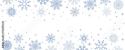 Snow border frame. Christmas banner. Winter pattern with silver blue snowflakes and dots on transparent background.